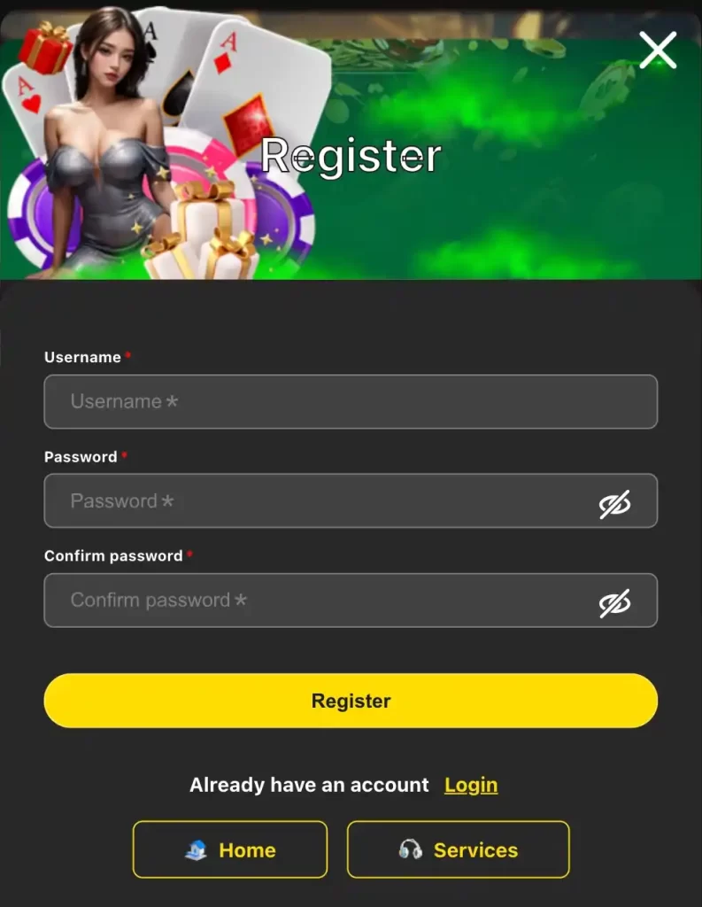 R85 register form page for creating an account and accessing online casino games